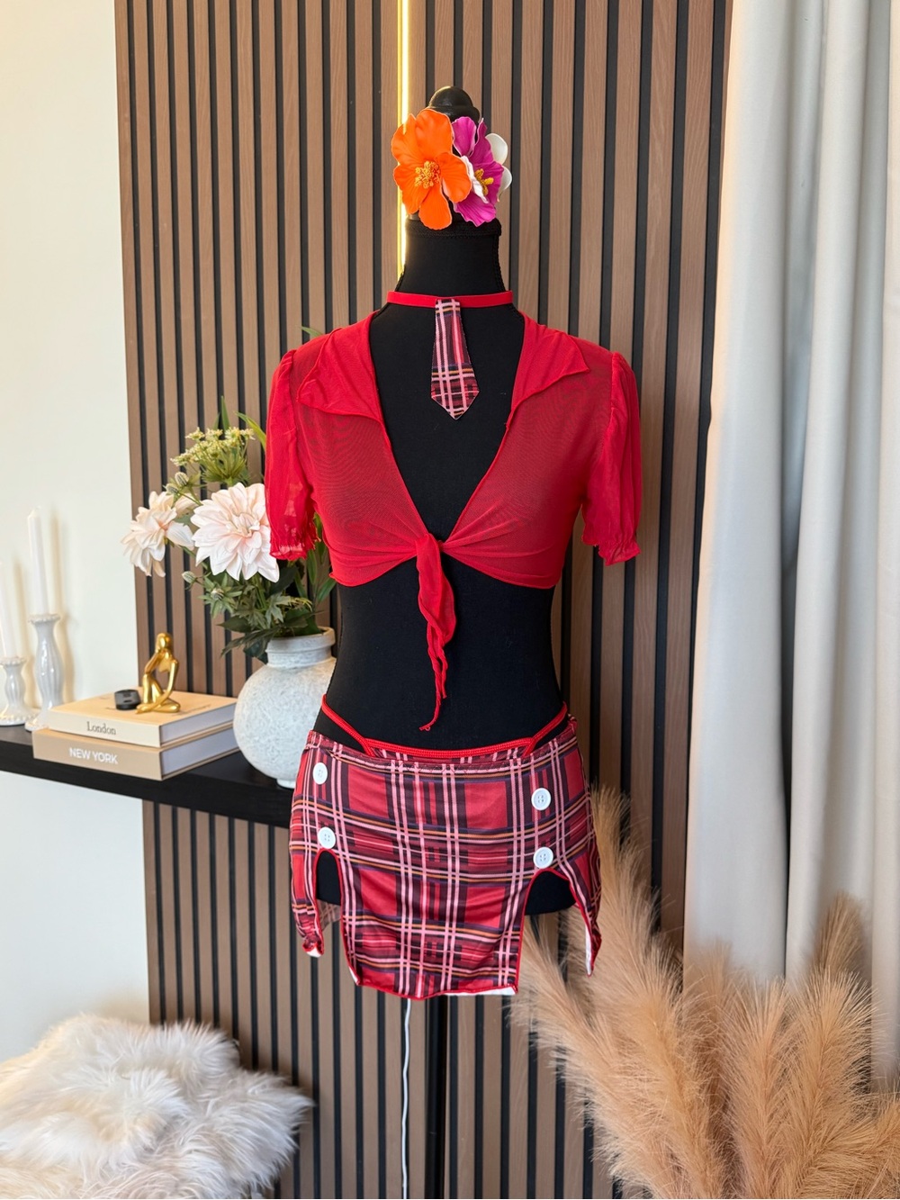 Red Plaid Two-Piece Schoolgirl Set - Crop Tie Top & Mini Skirt